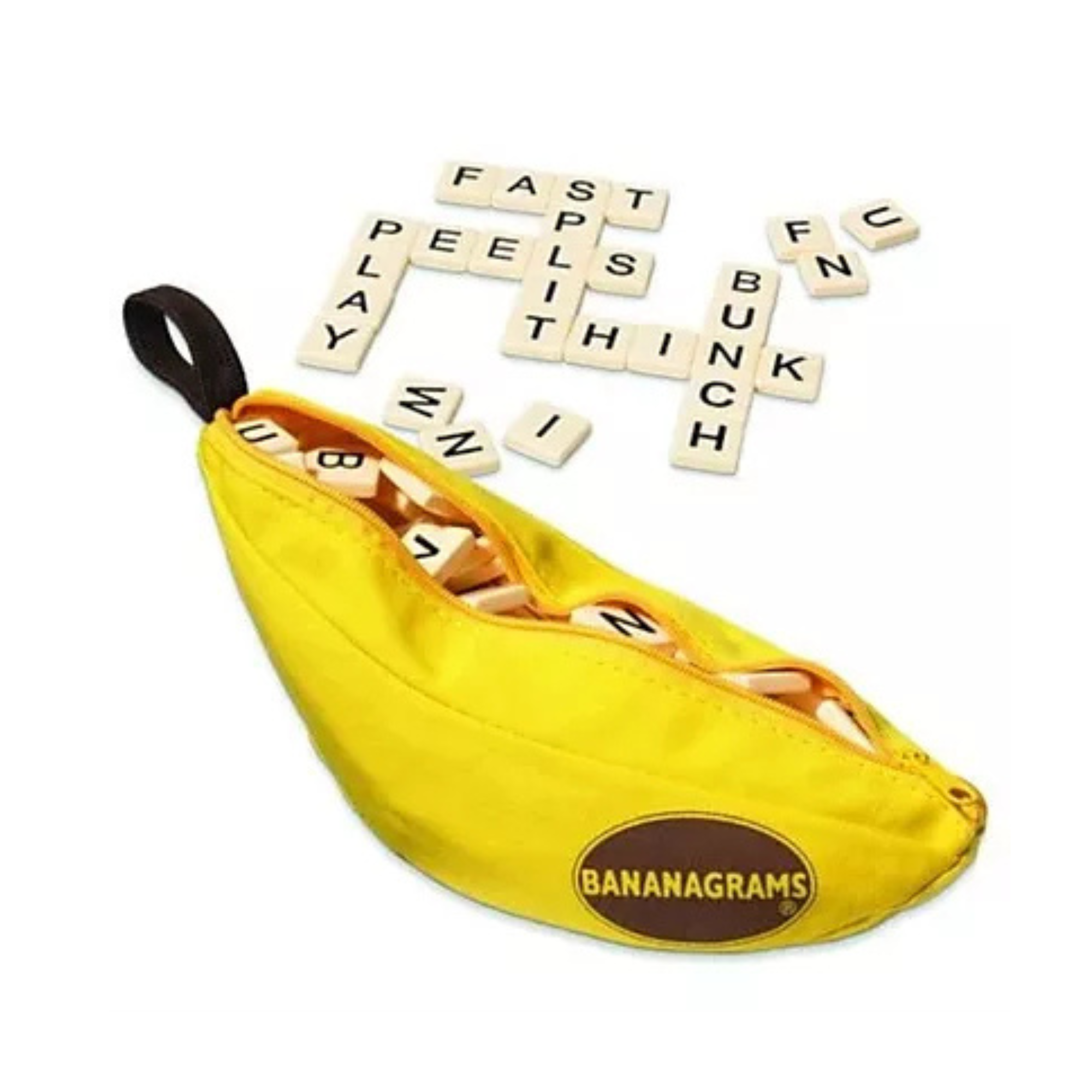 Bananagrams brettspill i bananformet pouch, perfekt som puslespill for familie